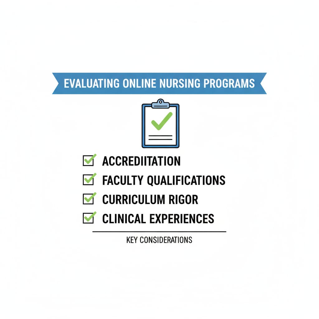 A visual representation of a checklist with items like accreditation, faculty qualifications, curriculum, and clinical experiences for evaluating online nursing programs. Checklist for evaluating online nursing programs without SAT/ACT