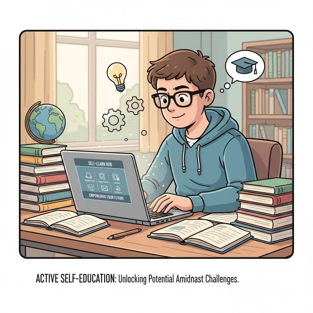 A student is sitting at a desk, surrounded by books and using a laptop to access self-learning resources. This depicts the scene of a student taking initiative in self-learning, which is crucial when facing educational neglect. A student using self-learning resources to overcome educational gaps and prepare for GCSE