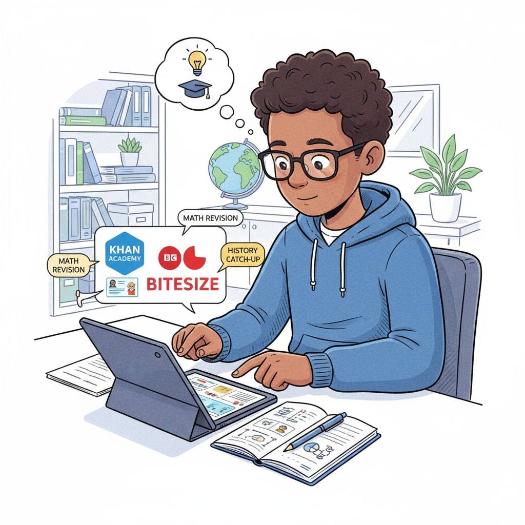 A student is using a tablet to access popular online self-learning platforms like Khan Academy and BBC Bitesize. This shows the utilization of important self-learning resources for academic catch-up. Student accessing self-learning platforms for GCSE preparation