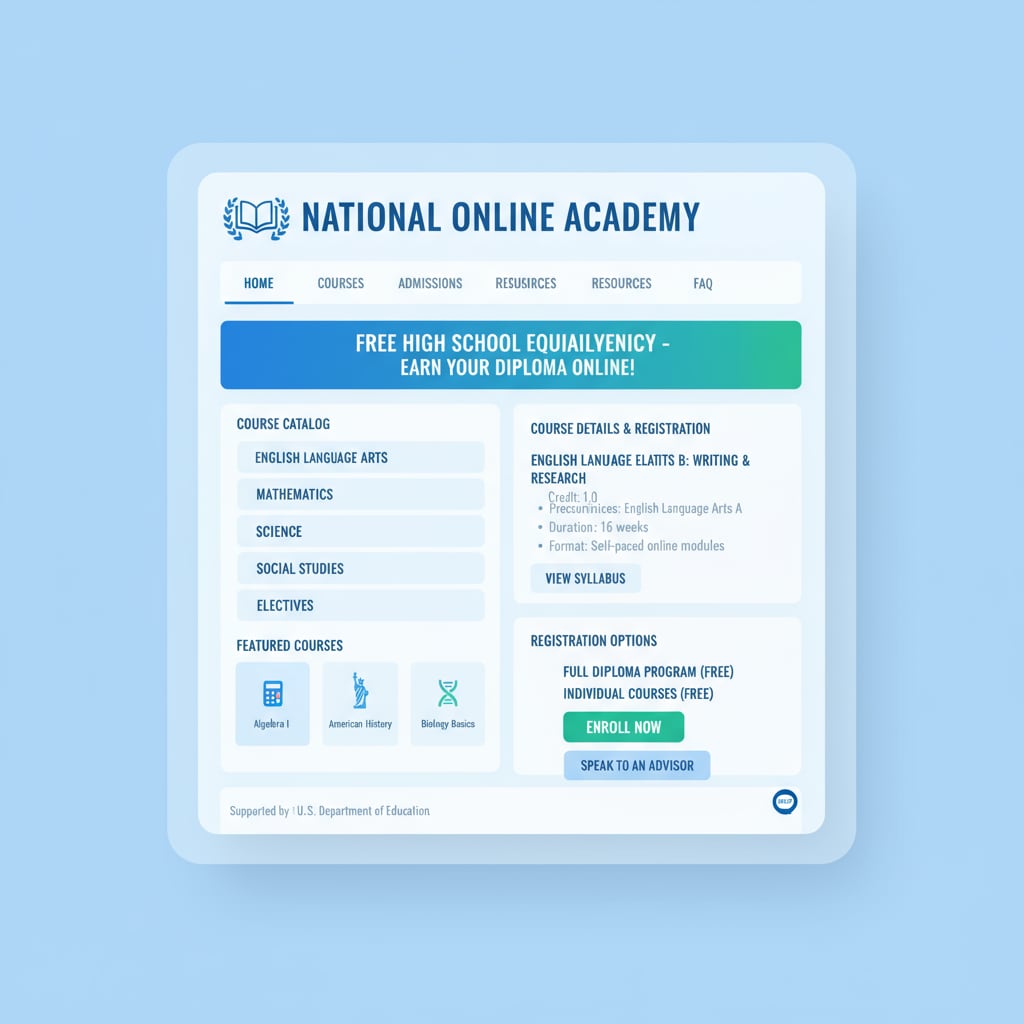 Website interface of a government-supported online high school program for low-income high school dropouts aiming for GED