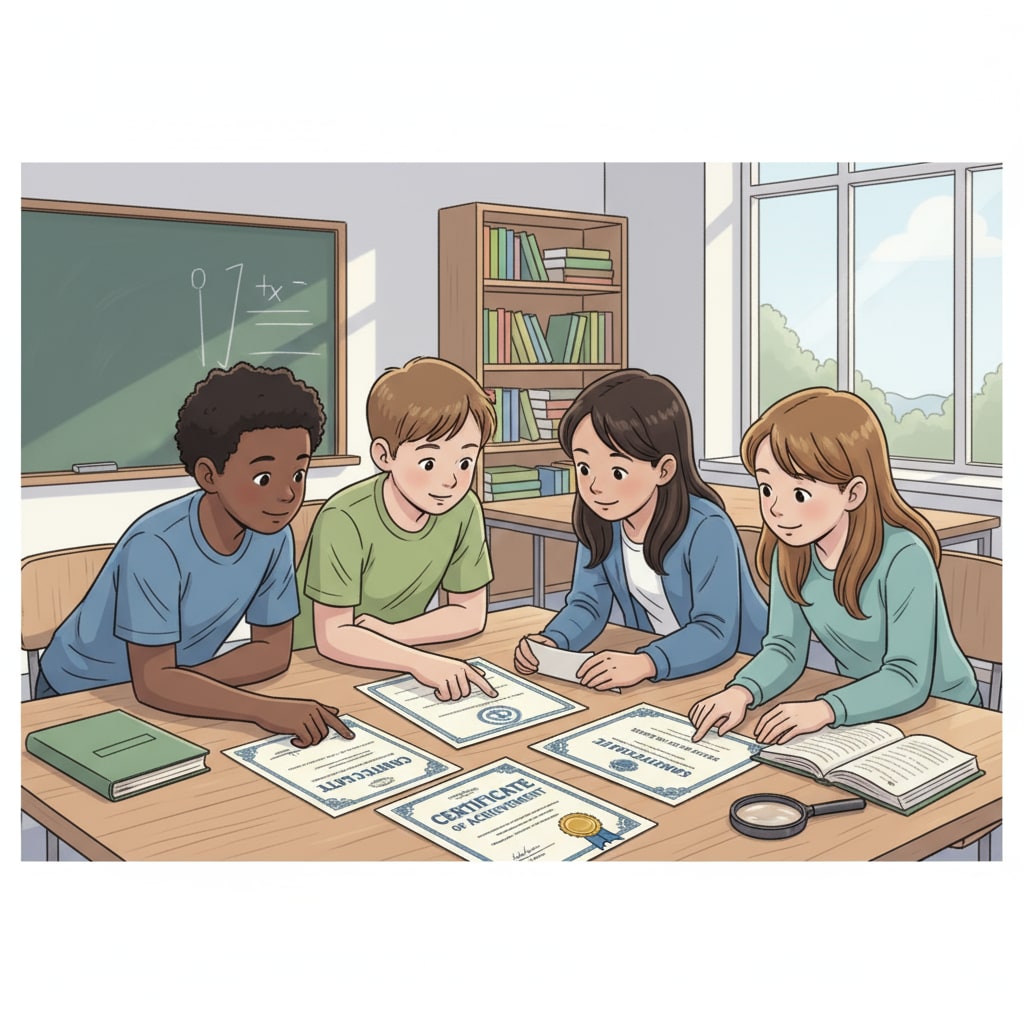 Students examining educational certificates related to employment value and industry recognition