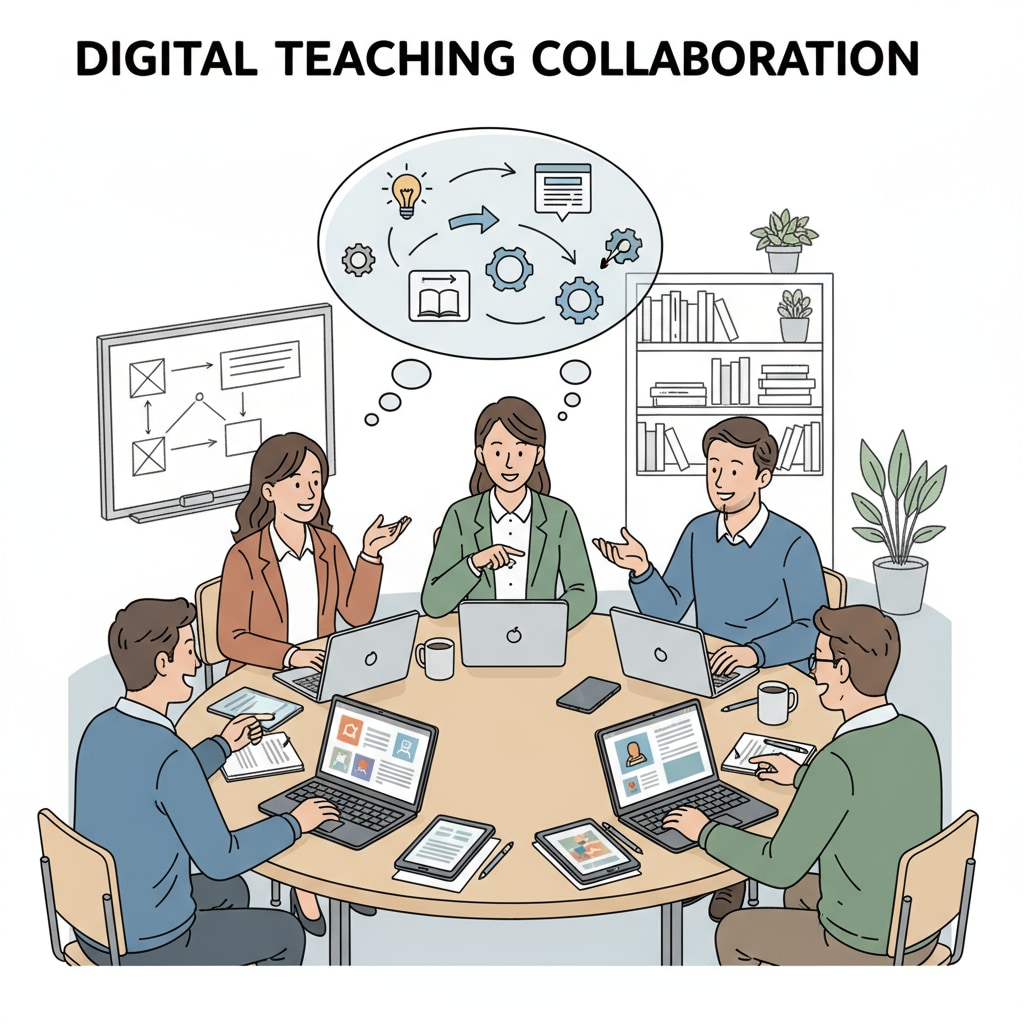 A group of teachers are gathered around a table, using laptops to access digital teaching tools. They are discussing lesson plans and sharing ideas. Teachers using digital teaching tools for time management and efficiency
