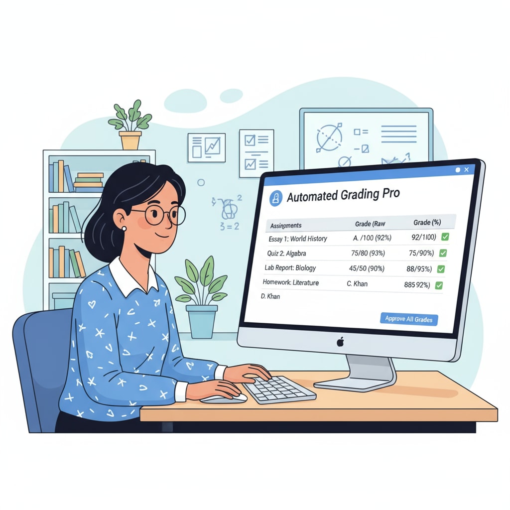 A teacher is sitting at a desk, looking at a computer screen with automated grading software open. The screen shows a list of student assignments and their grades. Teacher using automated grading software to save time and improve efficiency