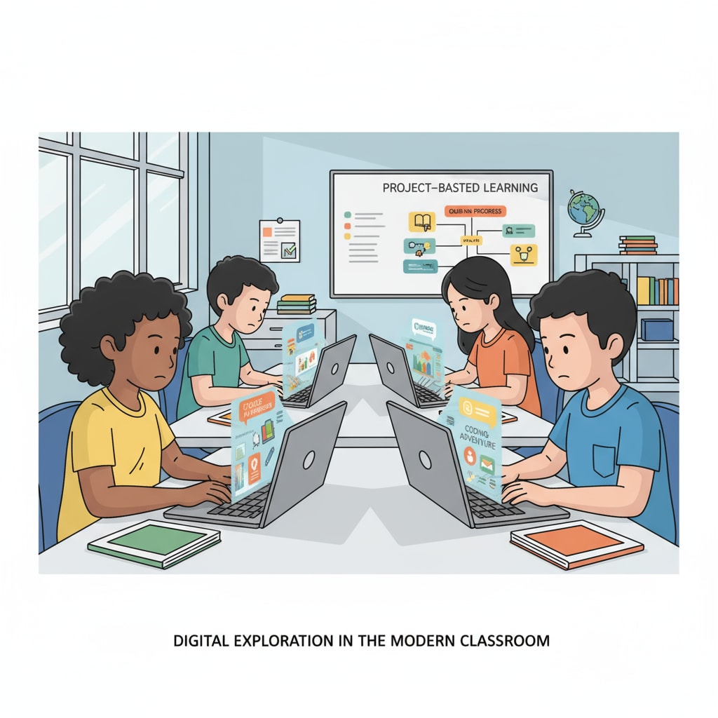 A group of students are using Chromebooks in a classroom setting, intently focused on the digital learning platforms displayed on their screens. Students using Chromebooks for digital learning, highlighting the role of digital platforms in K12 education