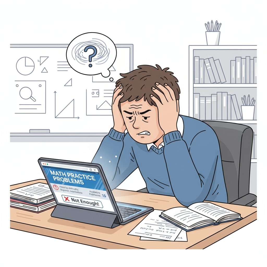 A student is sitting at a desk, looking frustrated while attempting to find an adequate number of practice problems on a digital learning platform interface. Student frustrated with lack of practice resources on digital learning platform, related to math textbooks and overall learning experience