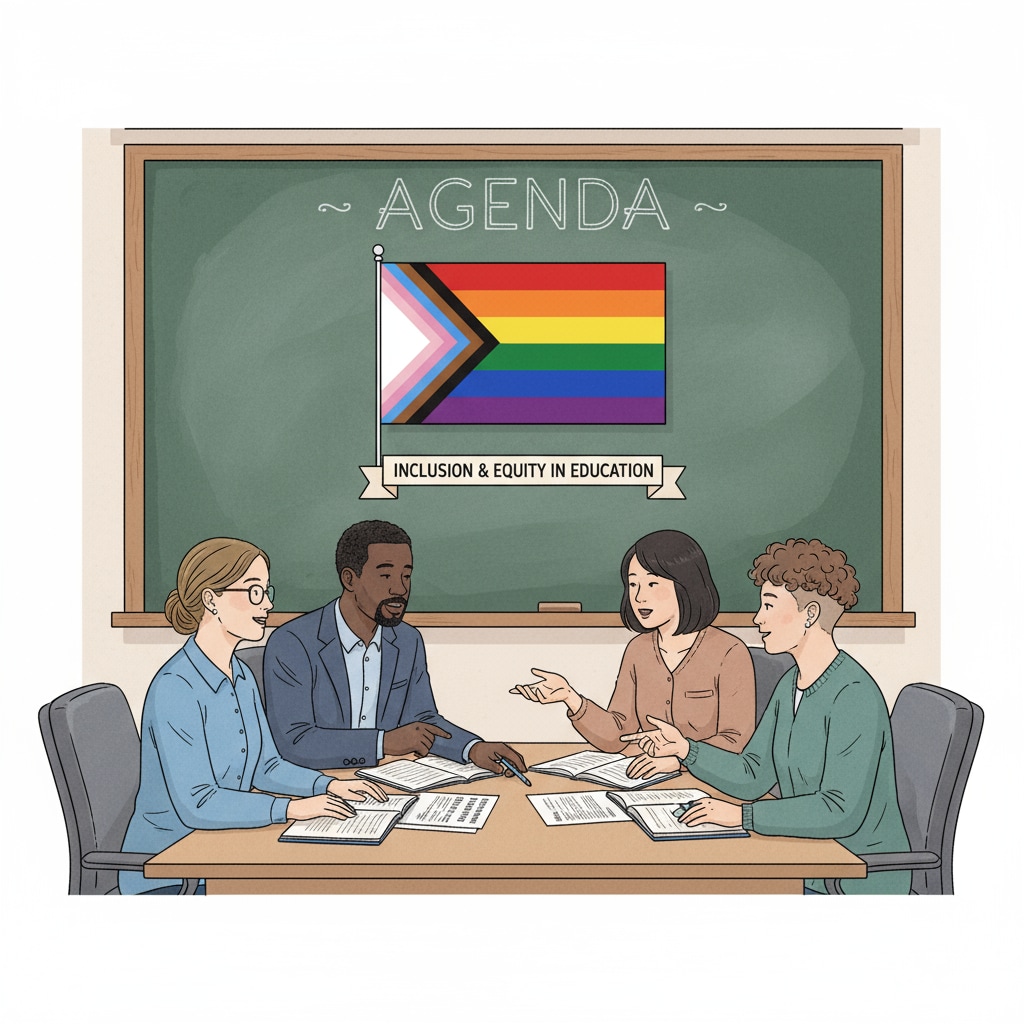 An image showing people discussing school board matters with an LGBTQ+ flag in the background. This represents the involvement of the LGBTQ+ community in school board discussions. LGBTQ+ community discussing school board matters