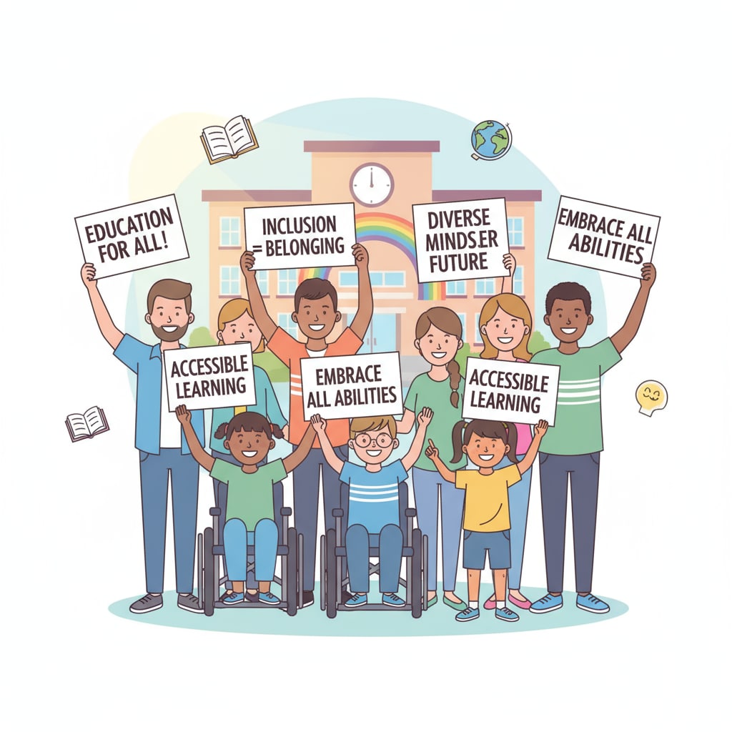 A group of diverse individuals smiling while holding signs related to inclusive education. This depicts the positive spirit of advocating for inclusive education. Diverse group advocating for inclusive education