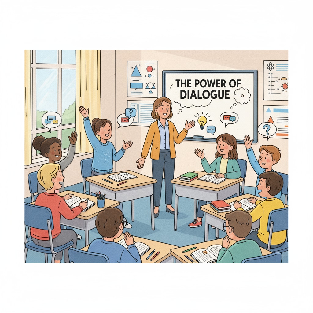 Classroom scene of students having a dialogue, related to communication skills and active listening