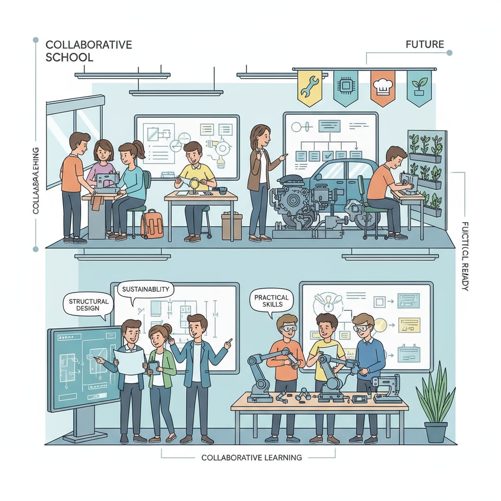 A classroom scene in a vocational school with students actively participating in learning activities, such as hands-on projects and group discussions. Classroom activities in a vocational school related to pedagogy, curriculum goals, and assessment methods