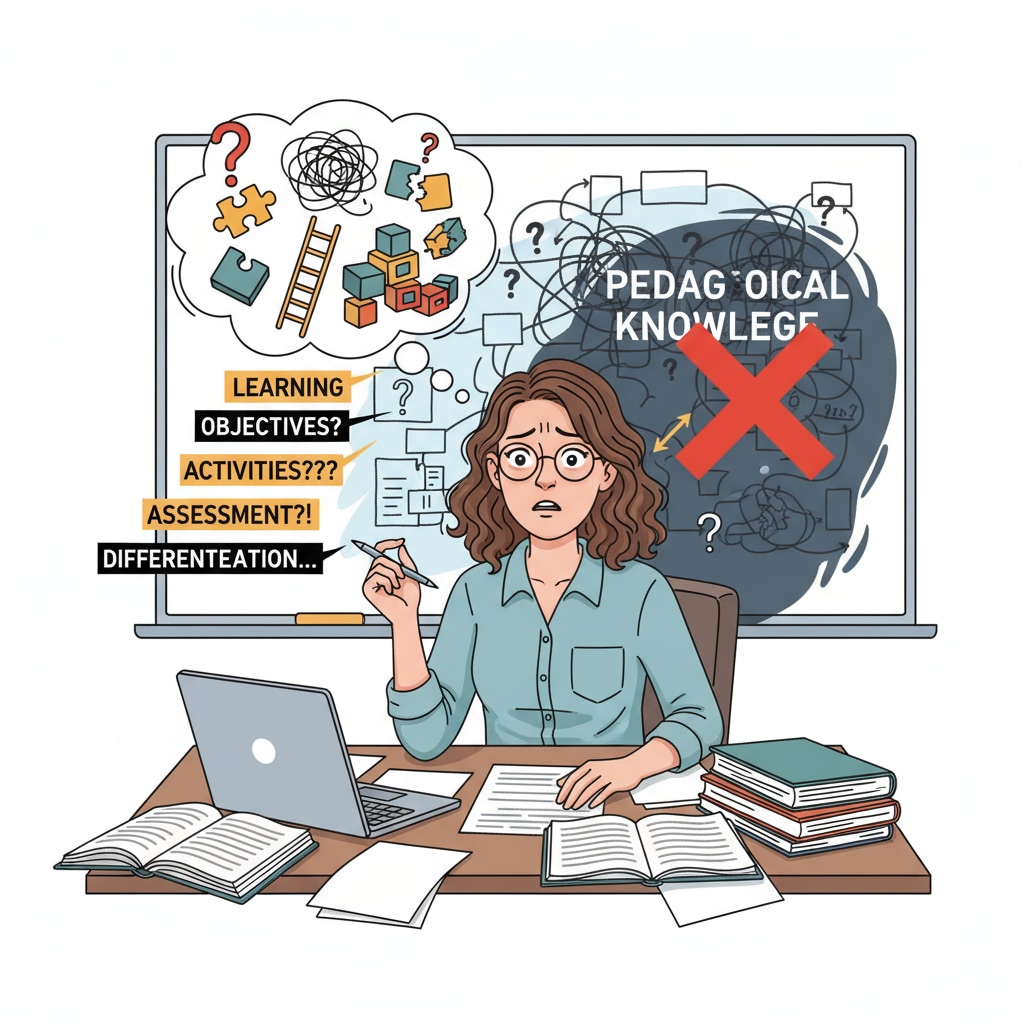 An image showing a teacher looking confused while trying to plan a lesson, highlighting the challenges faced due to lack of pedagogical knowledge. A teacher struggling with lesson planning in a vocational school due to pedagogical knowledge gap