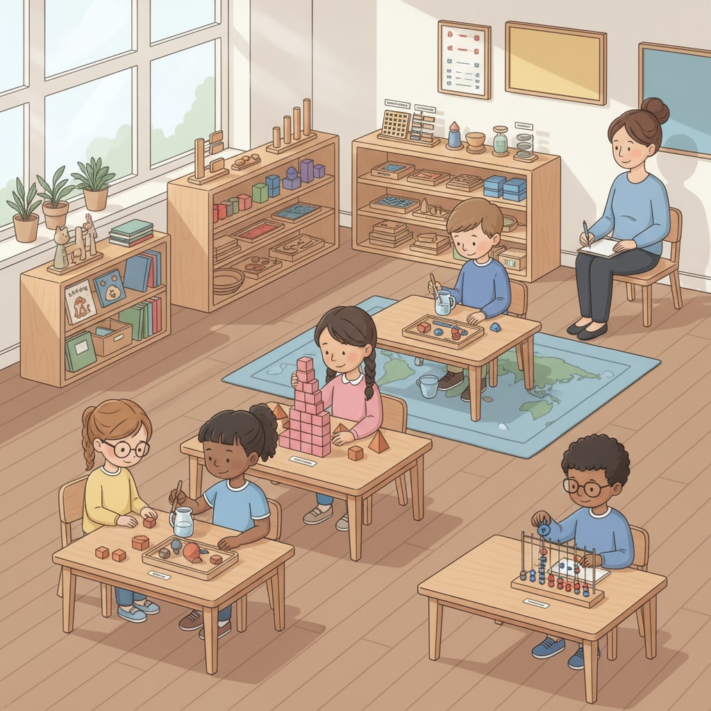 A group of children in a Montessori classroom, engaged in hands-on learning activities. There are various Montessori materials on the tables, and the children are focused on their tasks, exploring and learning independently. Highly gifted and twice-exceptional children in a Montessori classroom, setting the stage for their transition to public school.