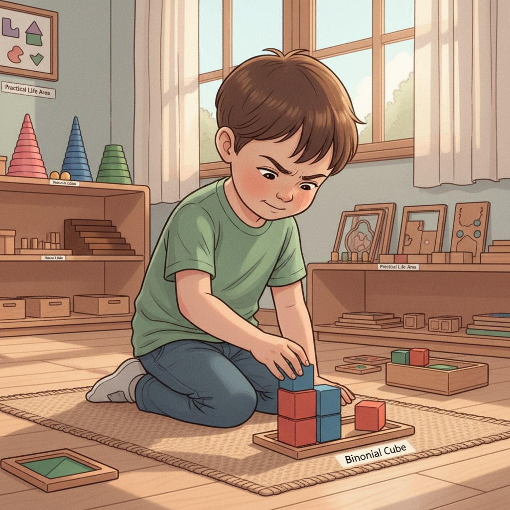 A child in a Montessori classroom, concentrating on a hands-on activity. The child is carefully manipulating Montessori materials, showing deep engagement and curiosity in the learning process. A highly gifted or twice-exceptional child in a Montessori classroom, highlighting the unique learning experience before the transition to public school.