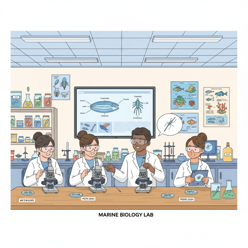 Non-science students exploring marine biology specimens in a laboratory setting with prior knowledge considerations