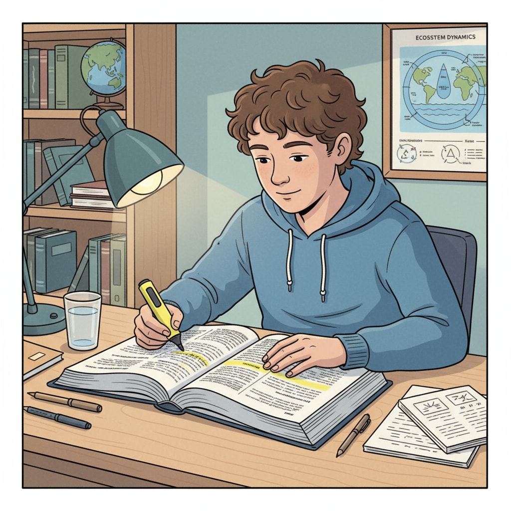 Non-science student studying environmental science textbook to gain prior knowledge for the degree