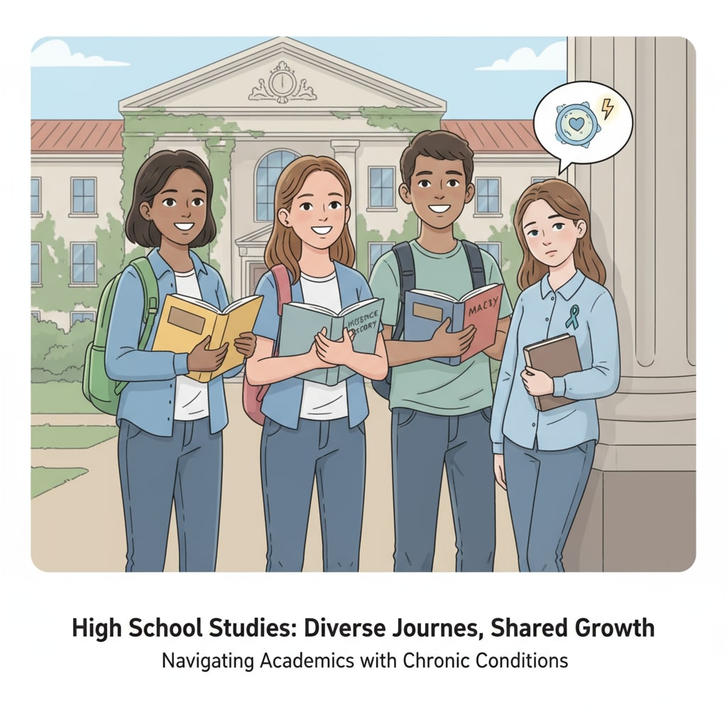 A group of high school students with books, one student looking a bit tired, representing the challenges of chronic disease students in high school High school students with chronic disease challenges