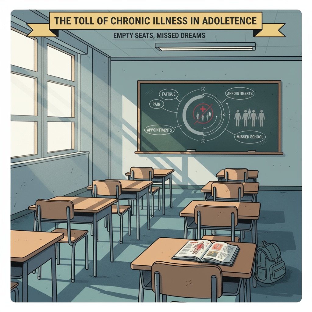 A classroom with empty desks, symbolizing the impact of chronic diseases causing absences in high school Empty desks showing chronic disease absences in high school