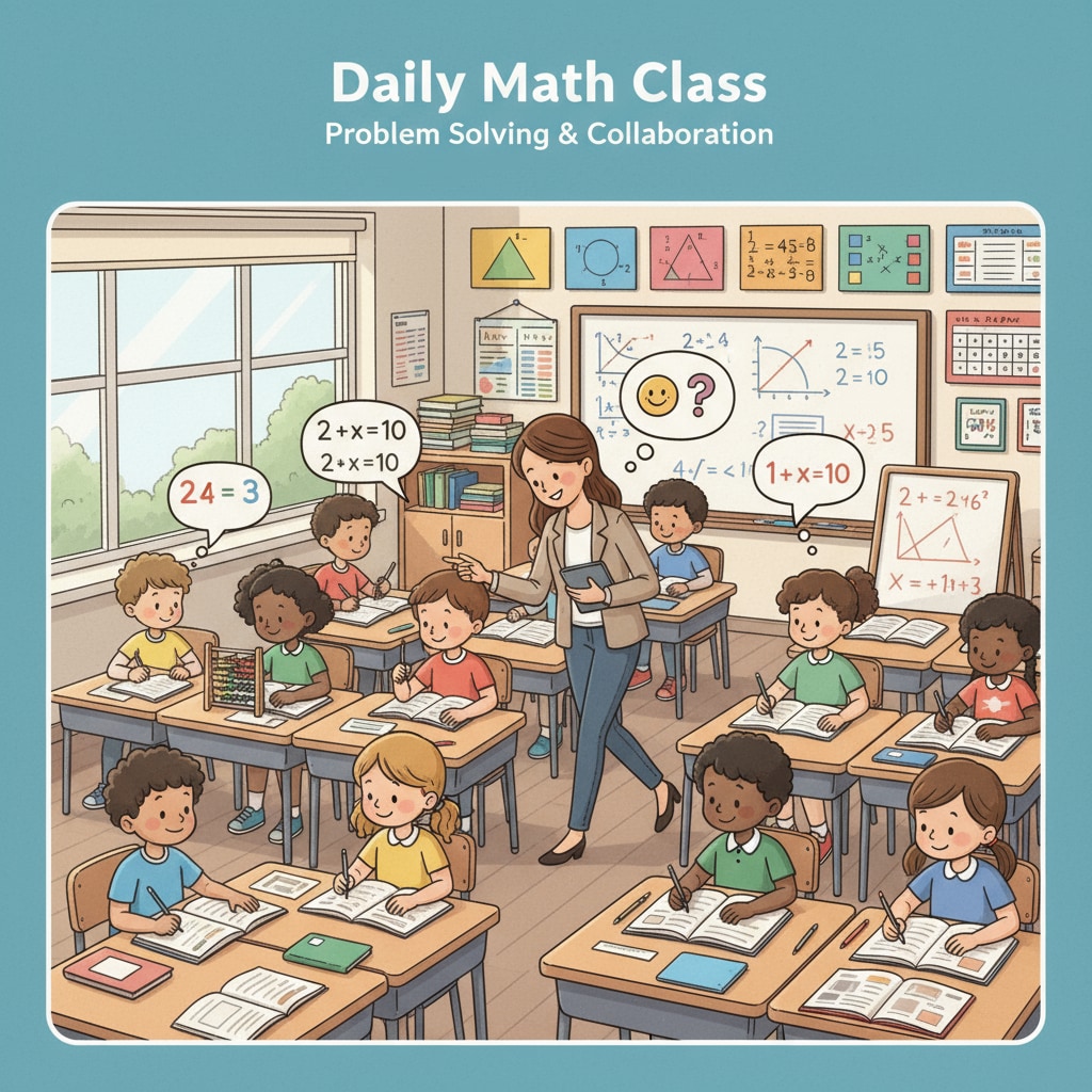 A classroom scene where students are engaged in solving math problems while a teacher walks around to assist. This represents the daily teaching and learning environment in mathematics education. Classroom scene of mathematics education with teacher shortage and student tracking implications