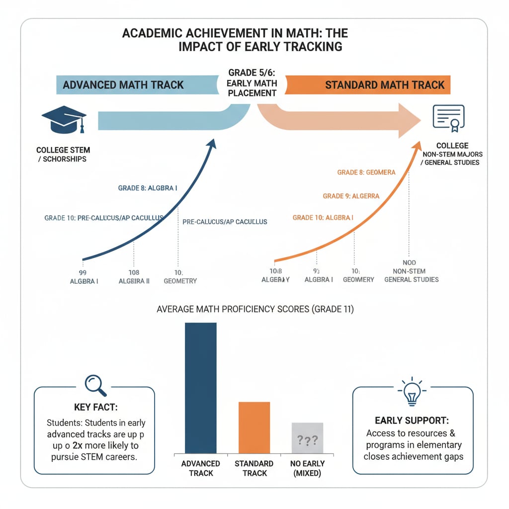 A graph presenting the differences in academic achievements between students in different math tracks, highlighting the impact of early tracking. Graph showing achievement gaps in mathematics education related to student tracking and teacher shortage