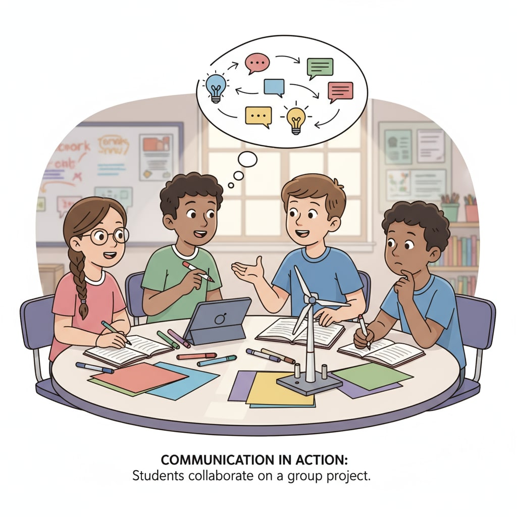 A group of students in a K12 classroom are actively involved in a group project. They are sitting around a table, discussing ideas, sharing thoughts, and listening to each other, which is an excellent way to practice communication skills. Students in a K12 classroom practicing communication skills through a group project