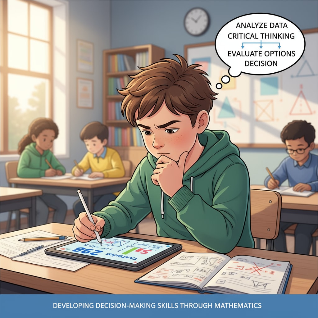 A student in a K12 class is concentrating on solving a challenging math problem. The student is analyzing the data, thinking critically, and making decisions, which reflects the development of decision-making skills. A K12 student demonstrating decision-making skills by solving a math problem