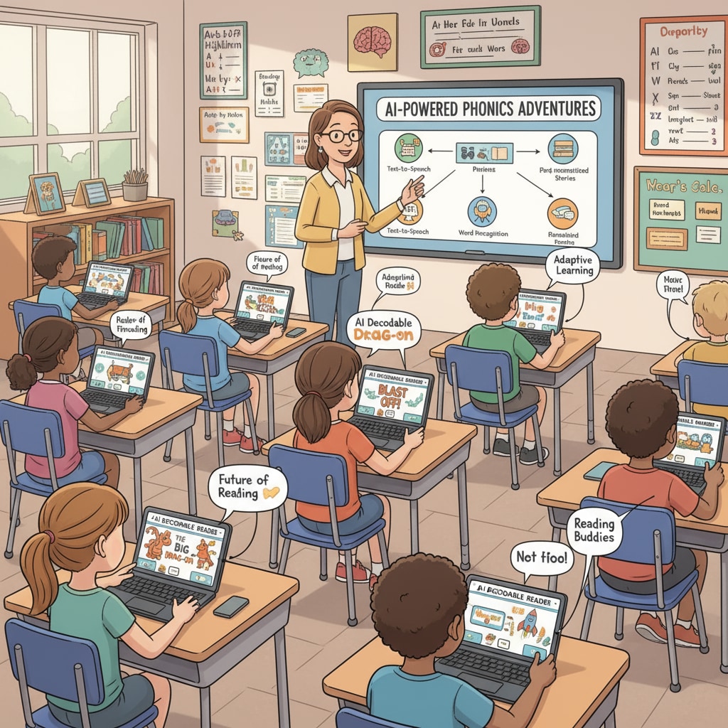 Students are using digital devices to access AI-generated decodable reading materials, with colorful reading interfaces visible on the screens. Students using AI-generated decodable reading materials in educational applications