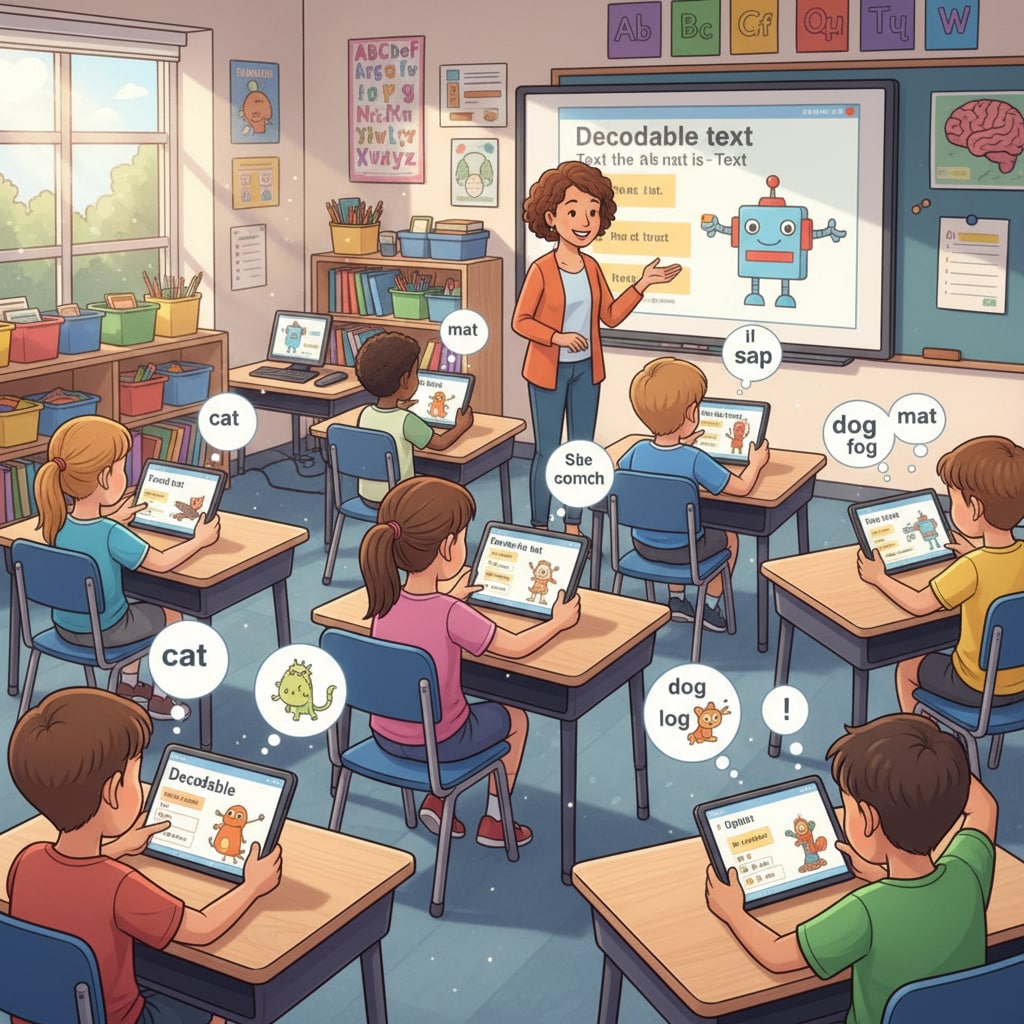 A classroom scene shows students interacting with tablets displaying AI-generated decodable reading materials, with an engaged atmosphere. Classroom scene of students using AI-generated decodable reading materials for education