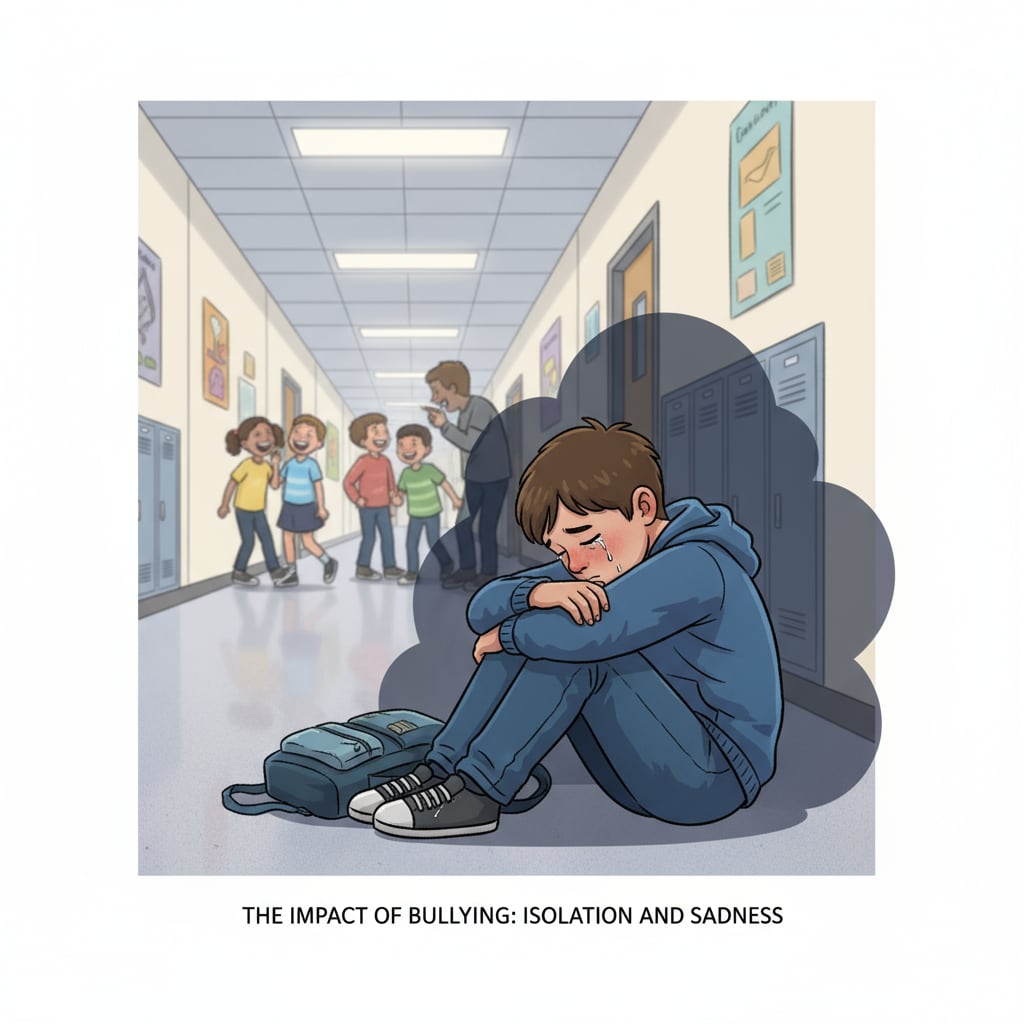 A sad and isolated child in a school corridor highlighting the effects relevant to school bullying, school safety, and parent intervention