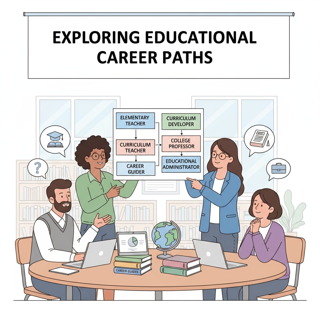 A group of educators are having a discussion about different career paths within a school environment, with some looking at documents and others engaged in conversation. Educators discussing school psychology and administration career choices in a school setting