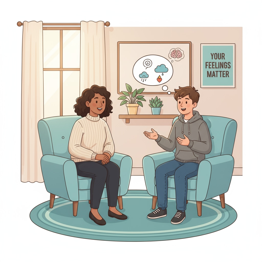 A school psychologist is sitting with a student in a counseling room, listening attentively as the student shares their thoughts and feelings. A school psychologist counseling a student as part of school psychology career activities