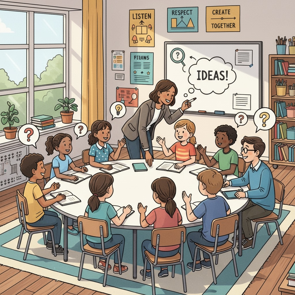 A democratic school classroom with students and teachers in discussion, representing non - traditional school leadership