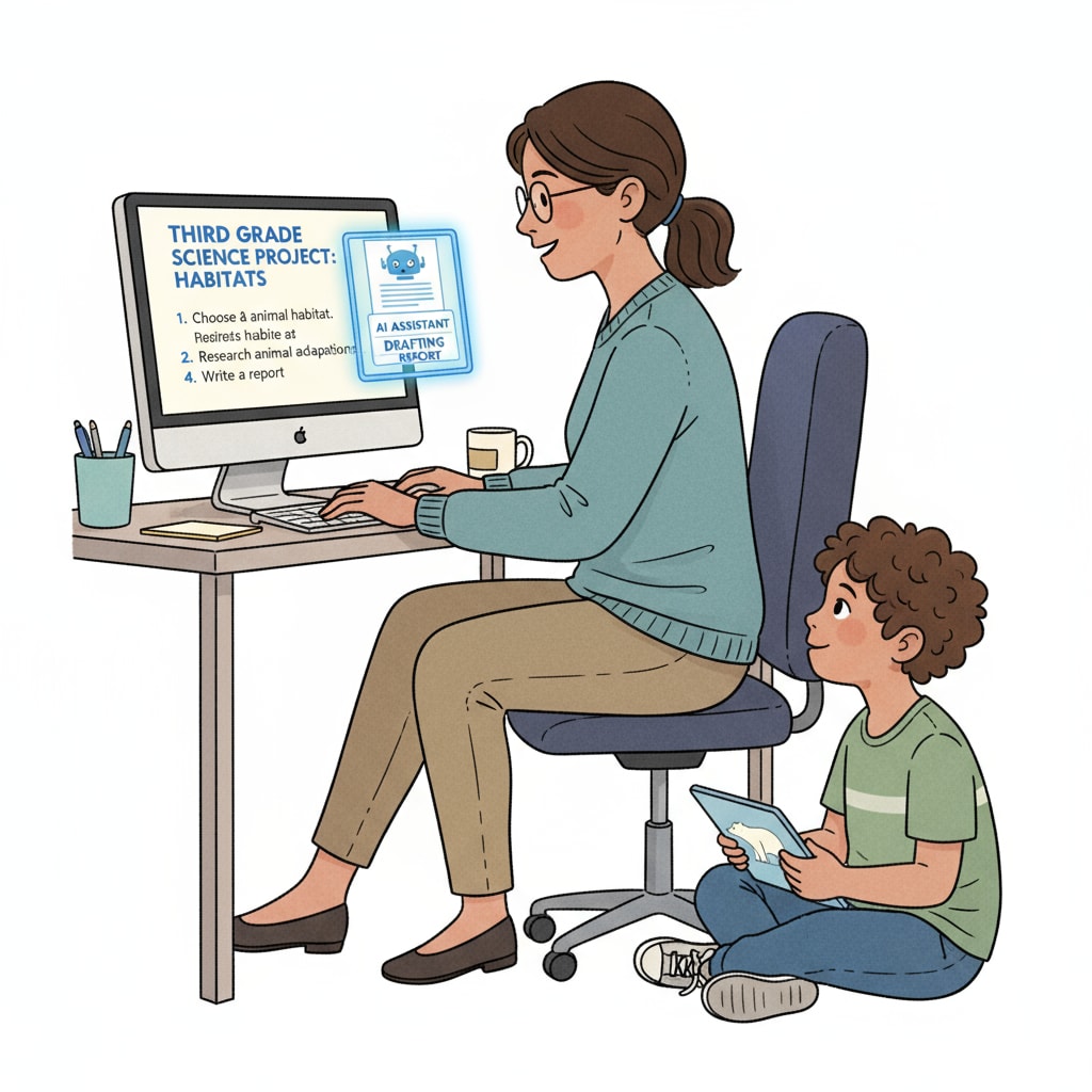 A parent is sitting in front of a computer, typing on the keyboard, with a document related to a child's homework on the screen, indicating the use of AI to complete the assignment. A parent using AI to complete a child's homework, highlighting AI cheating, parental intervention, and academic integrity issues.