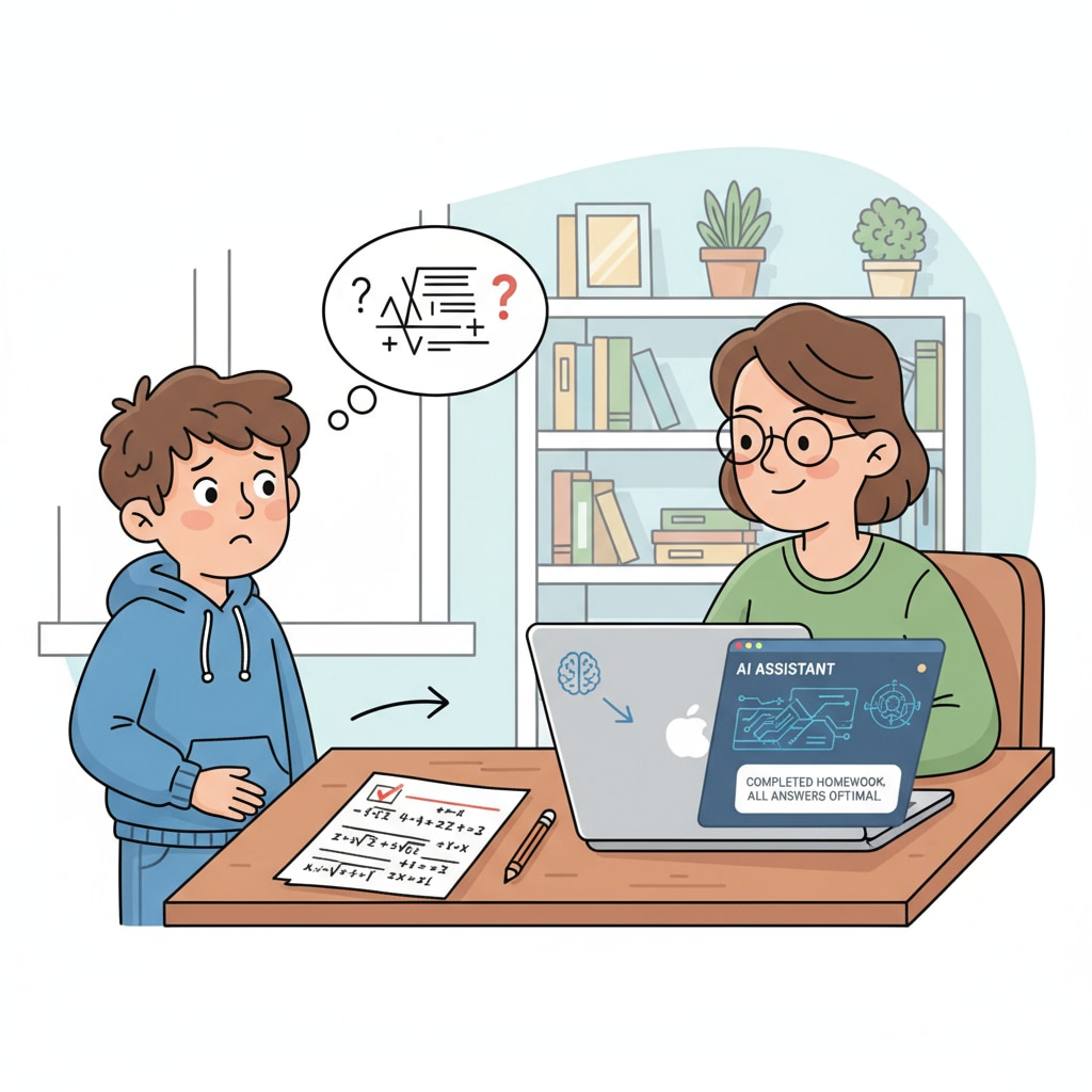 A child is standing beside a table, looking at a completed homework paper with a confused and puzzled expression, while the parent is sitting at a nearby desk, using a laptop with an AI interface open. A child's confused reaction to completed homework by parental AI use, reflecting on AI cheating, parental intervention, and academic integrity.