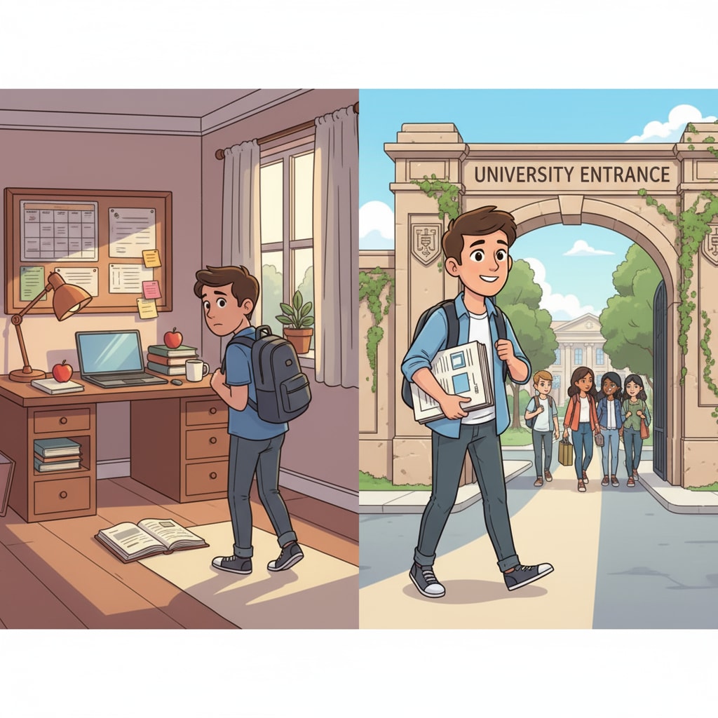 A young student standing between a home study area and a college campus entrance, looking a bit nervous but excited A student on the verge of transitioning from home education in high school to college