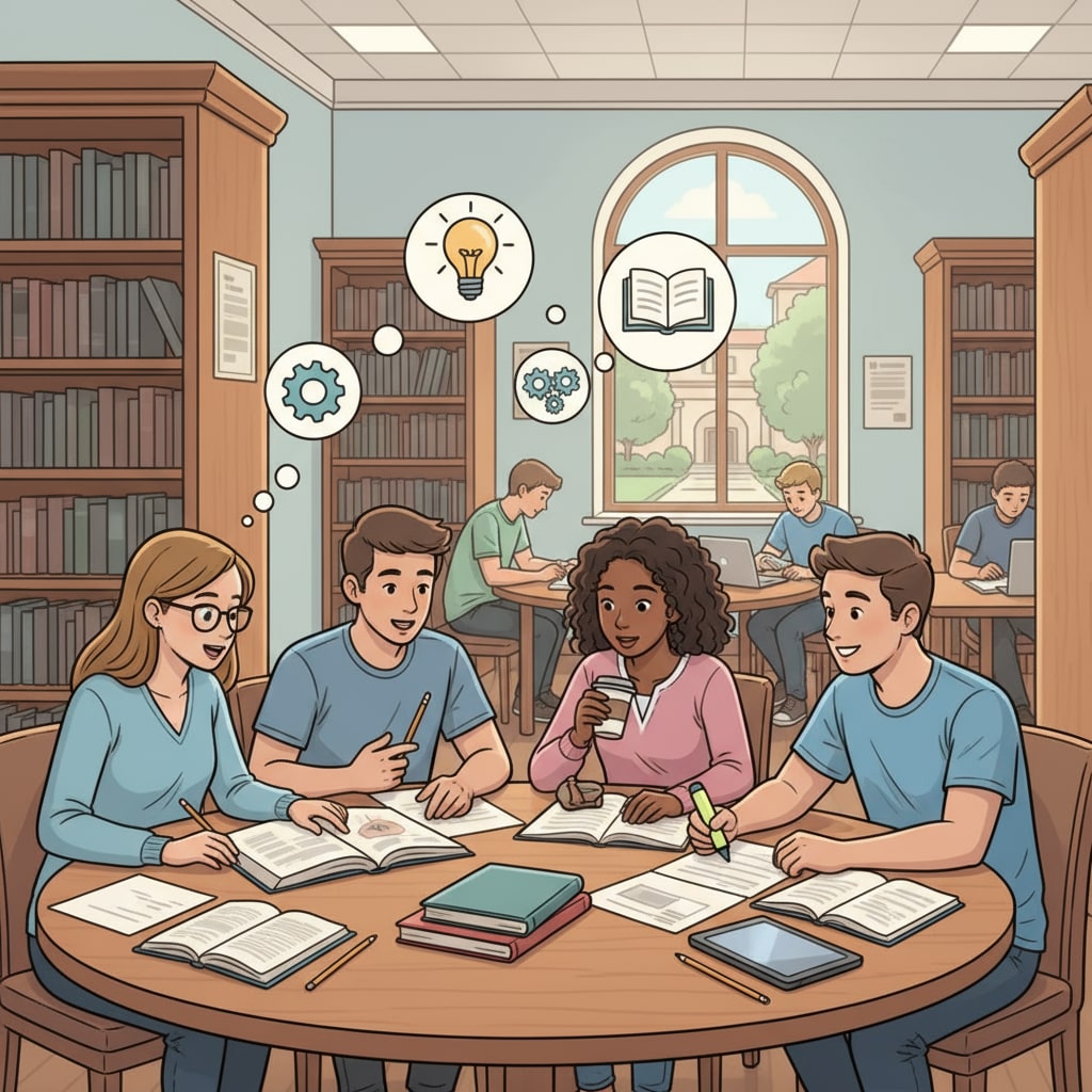 A group of college students chatting and studying in a campus library College students engaging in academic activities on campus during the transition from home education