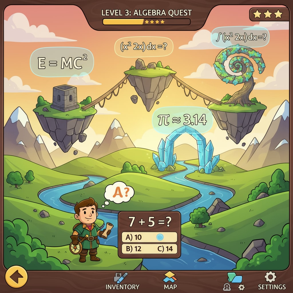 A screenshot from the Math Adventurer game depicts a colorful, procedurally generated landscape where math problems are visibly integrated into the environment, such as equations floating above structures. A screenshot of the Math Adventurer game showcasing a procedurally generated world with embedded math problems