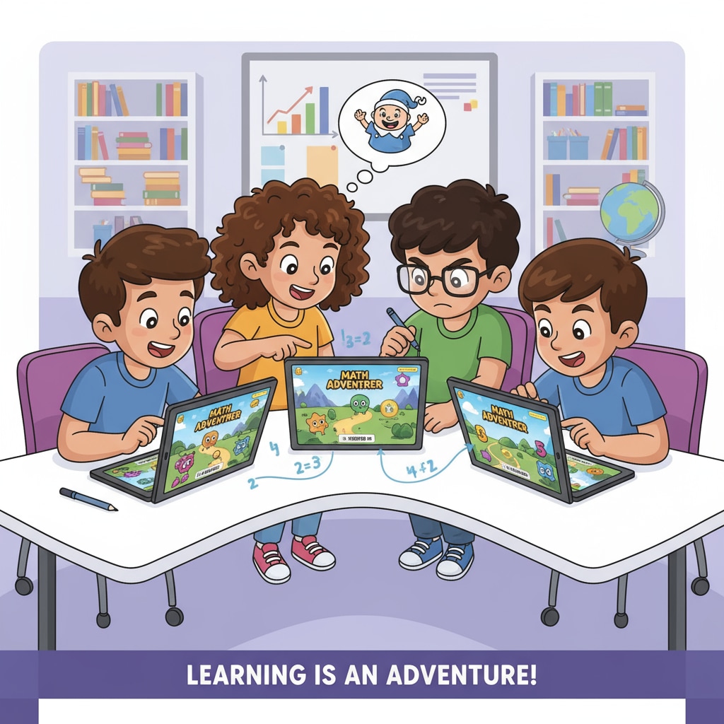 A group of students are gathered around tablets, intently playing the Math Adventurer game. Their faces show concentration and enthusiasm as they interact with the game's interface. Students actively engaged in playing the Math Adventurer game prototype