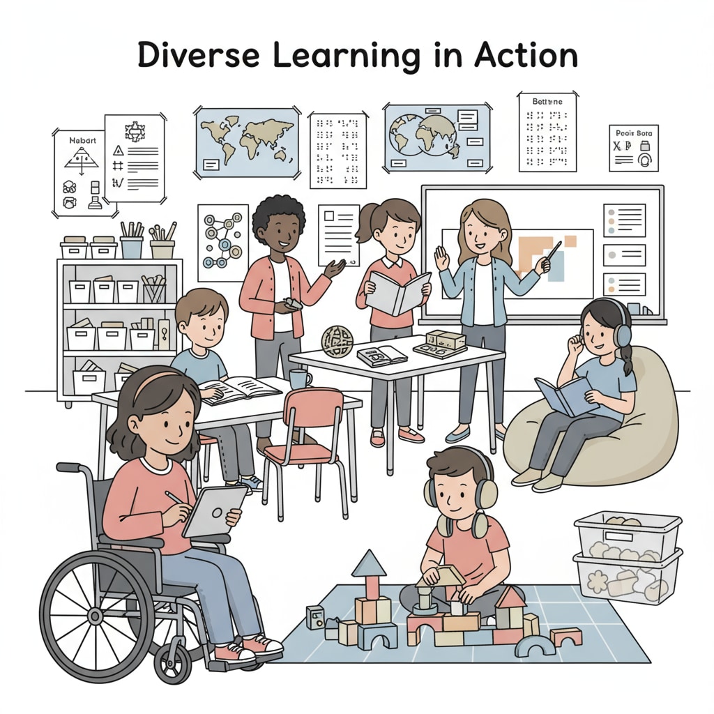A group of students with diverse learning abilities are engaged in various activities in a classroom, showing different learning styles and needs. Students with learning difficulties in a classroom related to PBS education series