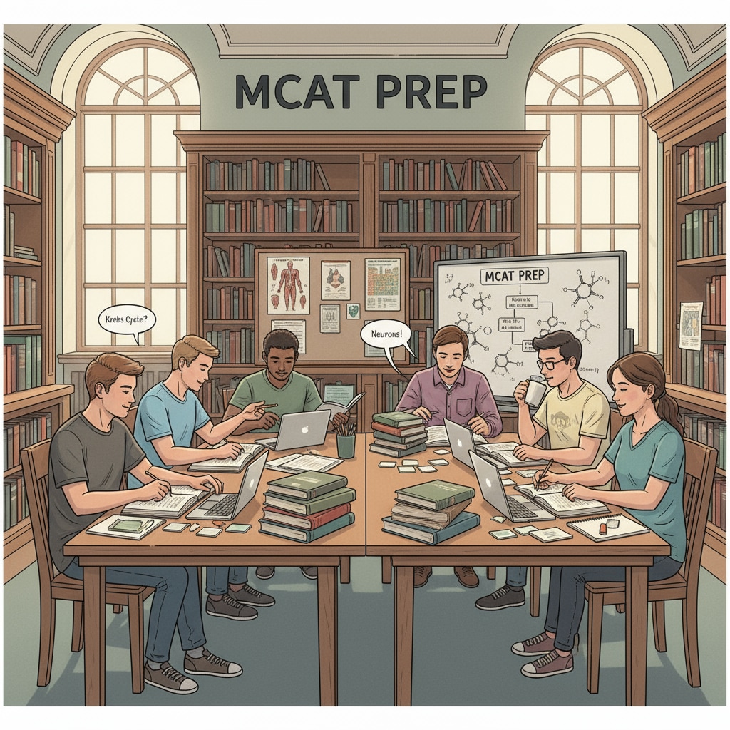 A group of pre-med students are sitting at tables in a library, surrounded by books and notes, deeply engaged in studying for their medical school entrance exams. Pre-med students studying in a library to prepare for medical school entrance exams, focusing on improving learning efficiency and filling knowledge gaps