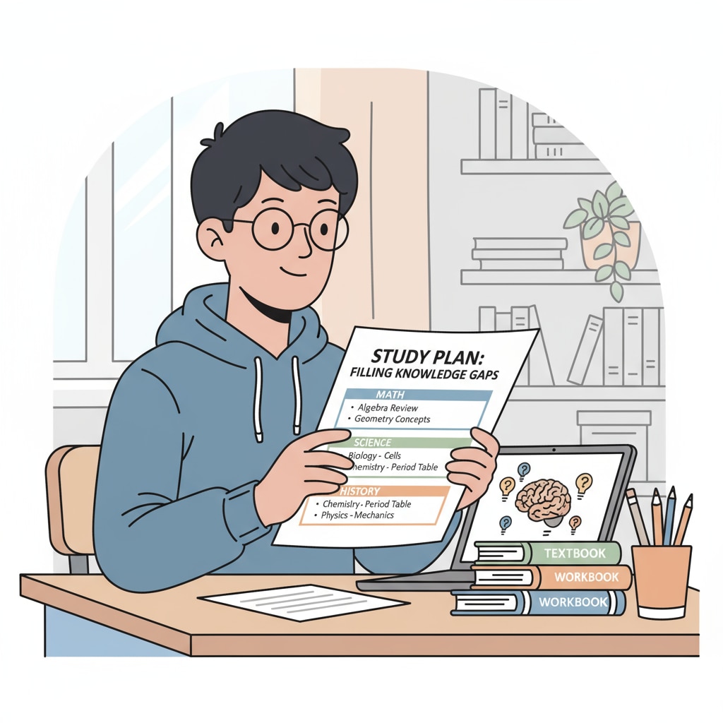A student is sitting at a desk, looking at a piece of paper with a study plan written on it. The plan has sections dedicated to different subjects where knowledge gaps need to be filled. A pre-med student creating a study plan to address knowledge gaps for medical school entrance exams and boost learning efficiency