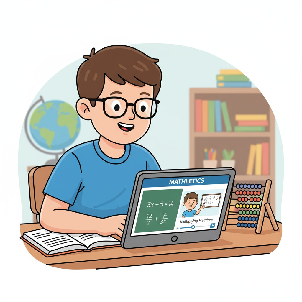 A child is engaged in learning on an educational website, with math equations and video tutorials visible on the screen. A child using academic resources on an educational website as part of daily family education