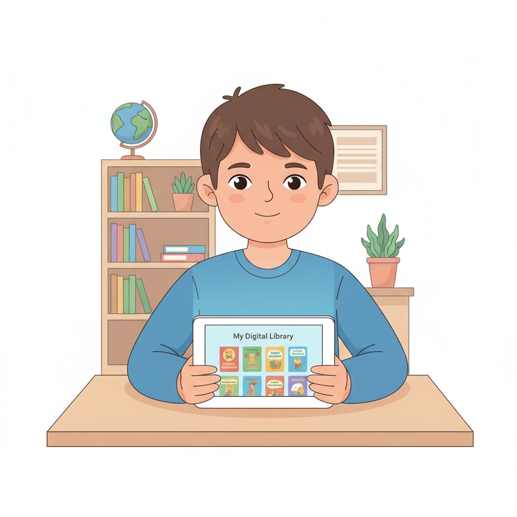 A young reader is looking at an e-reader displaying a digital library interface filled with various book covers. A child exploring academic resources in a digital library for family learning