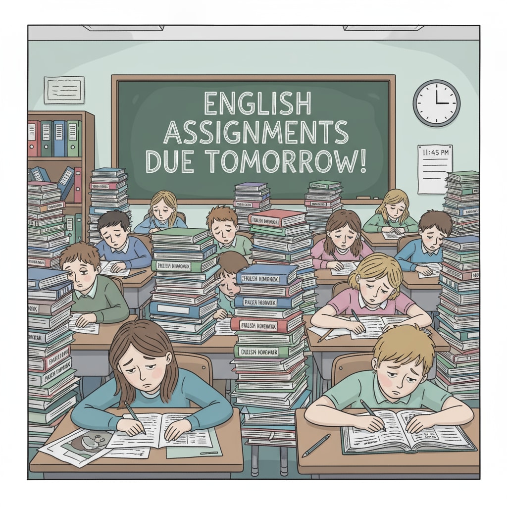 A classroom scene where students look tired while dealing with piles of English homework Students in Grade 9 looking exhausted due to heavy English homework load