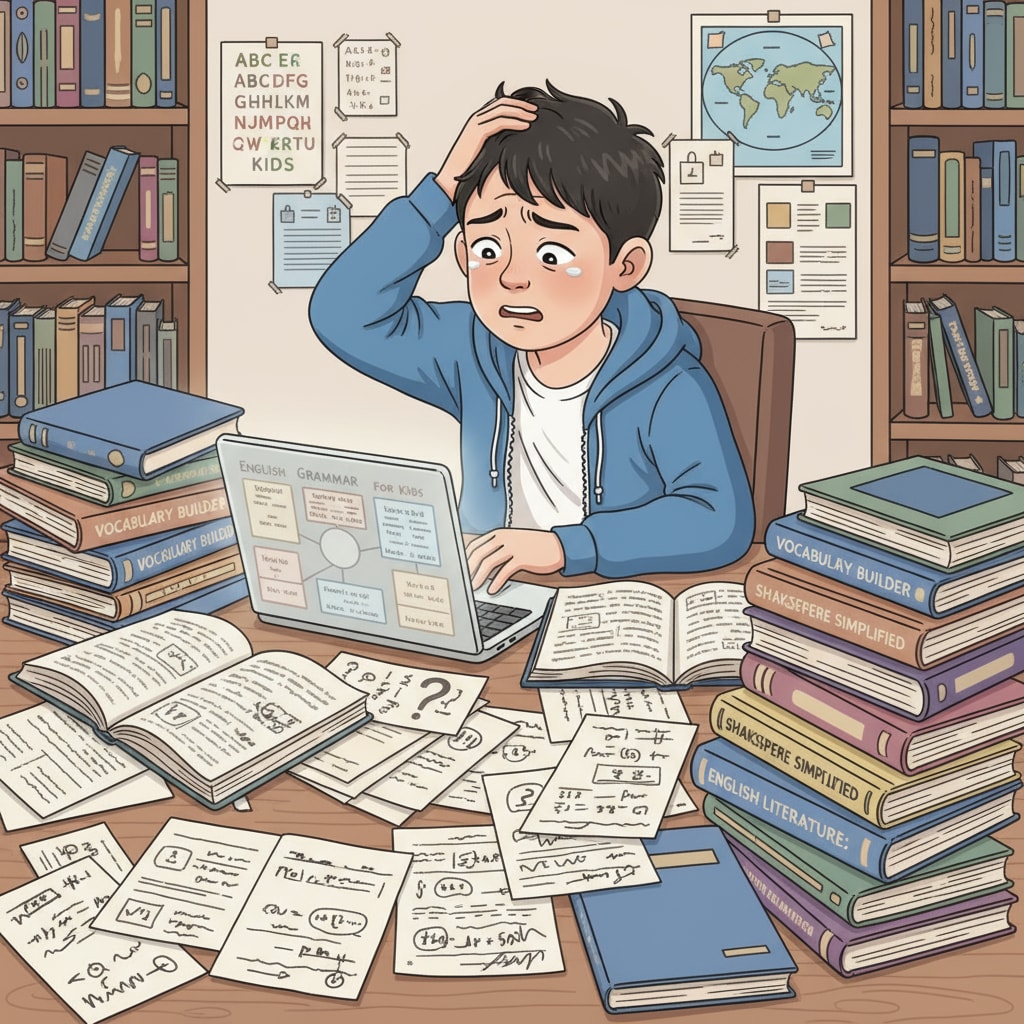 A student sitting at a desk, surrounded by English textbooks and papers, looking overwhelmed A Grade 9 student feeling stressed by excessive English study materials