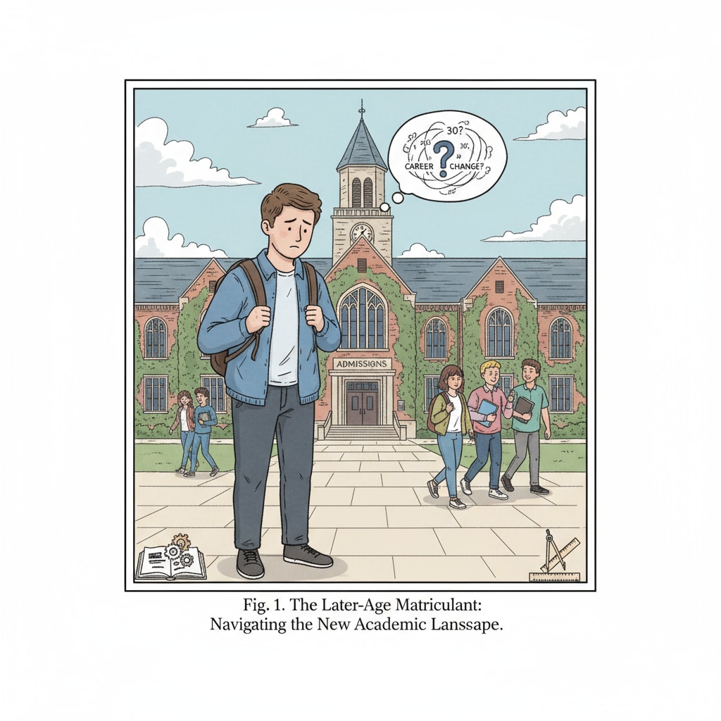 A young adult looking a bit nervous while standing in front of a college building, representing the anxiety of starting college at a later age A nervous young adult in front of a college building due to age anxiety in late college enrollment