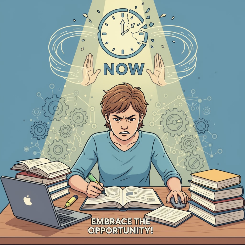 A person sitting at a desk, looking determined while studying, symbolizing embracing the present learning opportunity despite time loss feelings A determined person studying at a desk to overcome time loss in late college enrollment