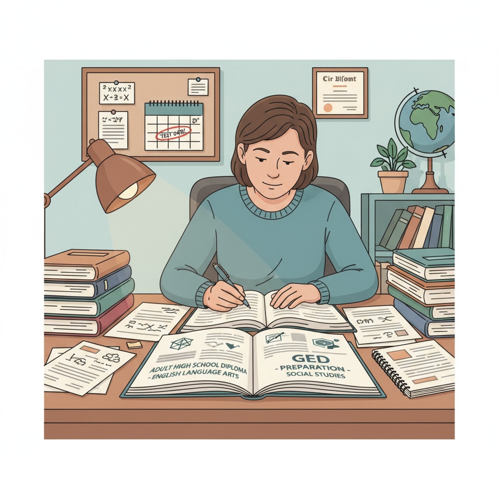 An adult is sitting at a desk in a study room, surrounded by books and papers, focused on studying for either an adult high school diploma or GED. An adult studying for educational qualifications relevant to college applications after educational gaps