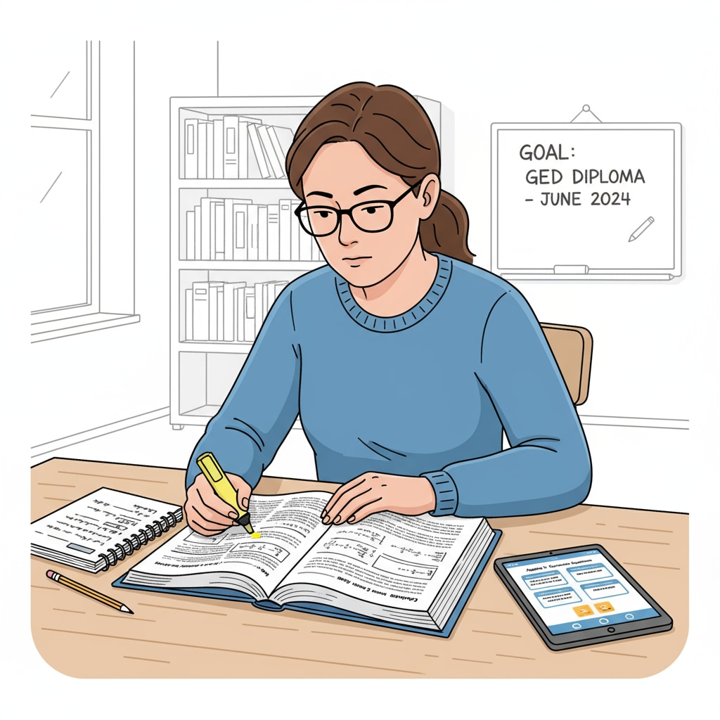 A person is sitting at a table, concentrating on a math book as part of their preparation for either a GED or an adult high school diploma. Person studying math for GED or adult high school diploma related to college applications