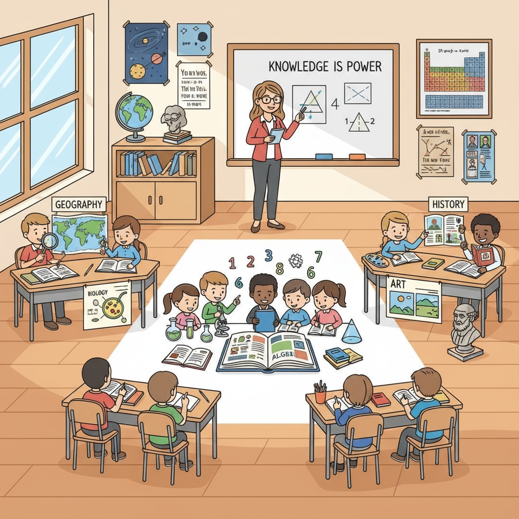 A classroom scene with students engaged in learning different subjects, textbooks open on their desks. Classroom scene related to educational gap, basic knowledge, and school curriculum