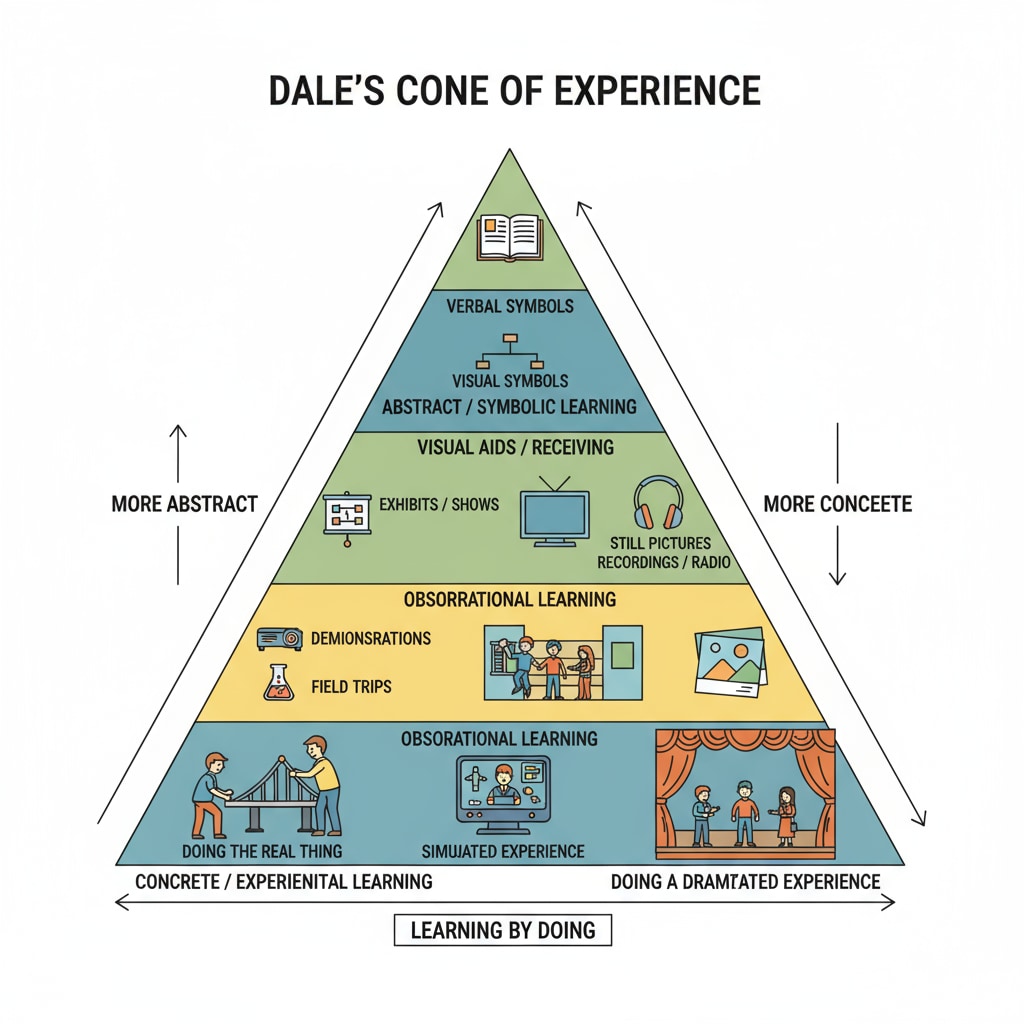 Visual representation of Dale's Cone of Experience relevant to learning theories, experiential learning, and its significance in modern education.