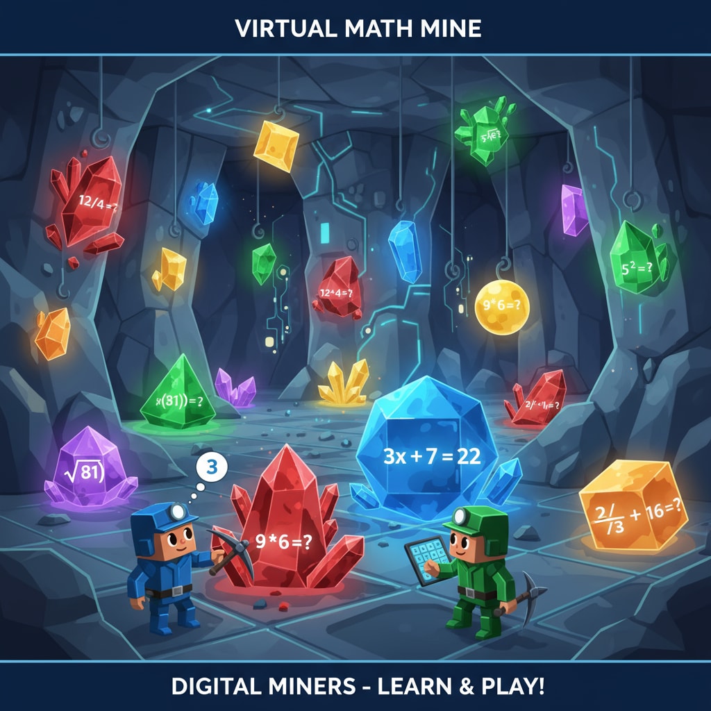 A virtual mine scene in the Digital Miners game where crystals symbolize math problems for K12 students.